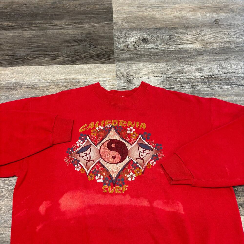 Vintage 90s Lee California Surf Yin Yang Floral Red Men XL Skater Sweatshirt USA